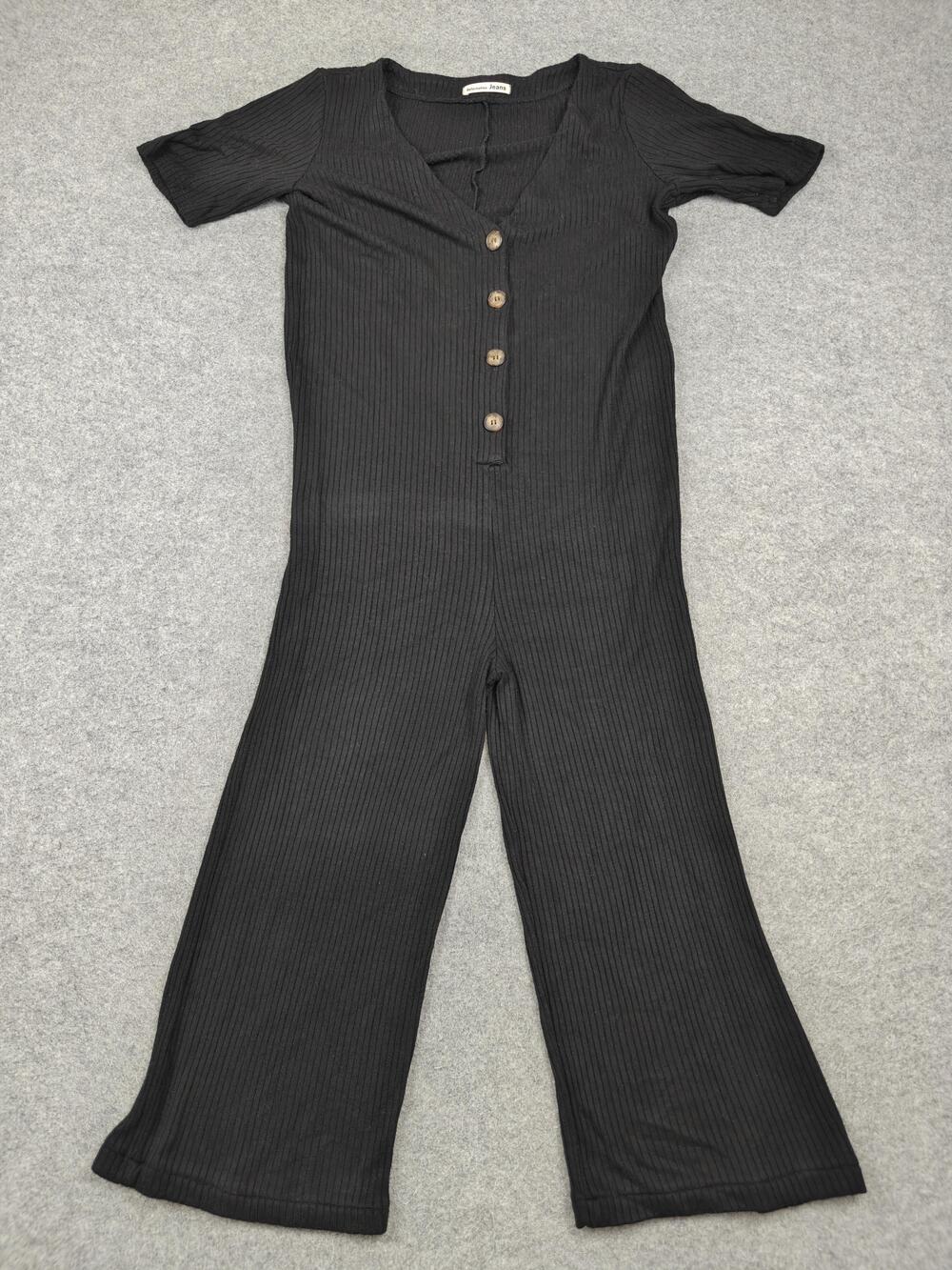 Reformation Jeans Jumpsuit Womens M Black Ribbed Short Sleeve V Neck Button